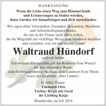 Traueranzeige von Waltraud Hündorf von WVG - Wochenspiegel Merseburg