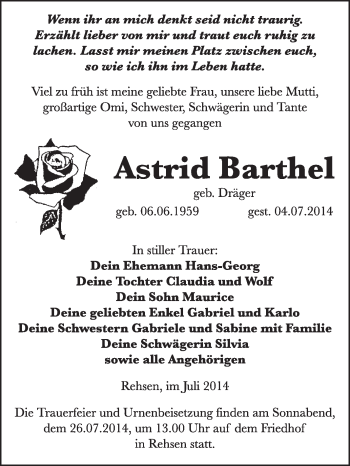 Traueranzeige von Astrid Barthel von WVG - Wochenspiegel Wittenberg