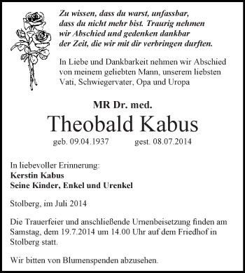 Traueranzeige von Theobald Kabus von Super Sonntag Quedlinburg