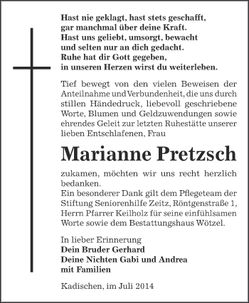 Traueranzeige von Marianne Pretzsch von Super Sonntag Zeitz