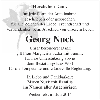 Traueranzeige von Georg Nuck von WVG - Wochenspiegel NMB / WSF / ZTZ