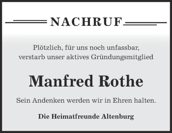 Traueranzeige von Manfred Rothe von Super Sonntag Bernburg