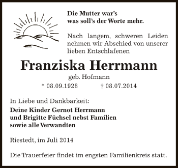 Traueranzeige von Franziska Herrmann von Super Sonntag SGH Mansf. Land