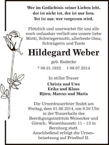 Traueranzeige von Hildegard Weber von Super Sonntag Bernburg