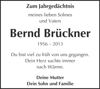 Traueranzeige von Bernd Brückner von WVG - Wochenspiegel NMB / WSF / ZTZ