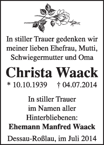 Traueranzeige von Christa Waack von Super Sonntag Dessau / Köthen