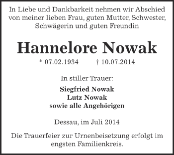 Traueranzeige von Hannelore Nowak von Wochenspiegel Mansfelder Land