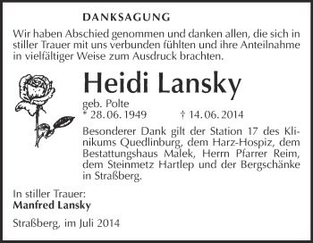 Traueranzeige von Heidi Lansky von WVG - Wochenspiegel Quedlinburg
