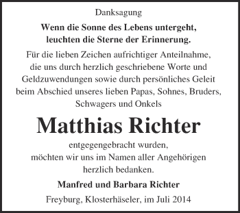 Traueranzeige von Matthias Richter von WVG - Wochenspiegel NMB / WSF / ZTZ