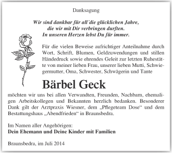 Traueranzeige von Bärbel Geck von WVG - Wochenspiegel Merseburg
