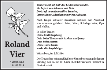 Traueranzeige von Roland Vier von WVG - Wochenspiegel Wittenberg