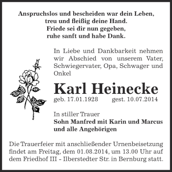 Traueranzeige von Karl Heinecke von Super Sonntag Bernburg