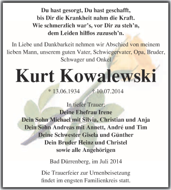 Traueranzeige von Kurt Kowalewski von Super Sonntag Merseburg