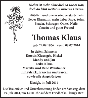 Traueranzeige von Thomas Klaus von Super Sonntag Dessau / Köthen