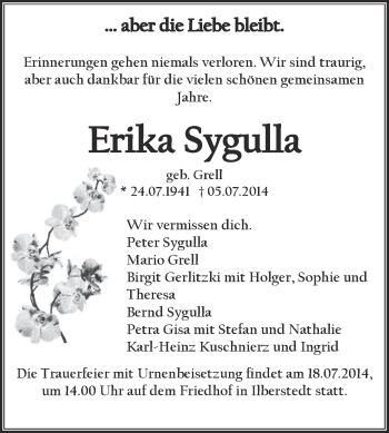 Traueranzeige von Erika Sygulla von Super Sonntag Bernburg
