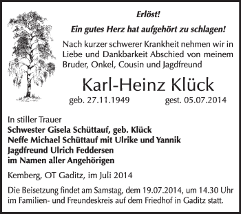 Traueranzeige von Karl-Heinz Klück von WVG - Wochenspiegel Wittenberg