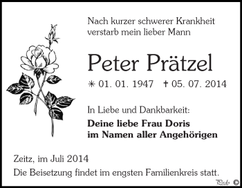 Traueranzeige von Peter Prätzel von Super Sonntag Zeitz