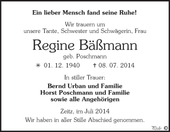 Traueranzeige von Regine Bäßmann von Super Sonntag Zeitz
