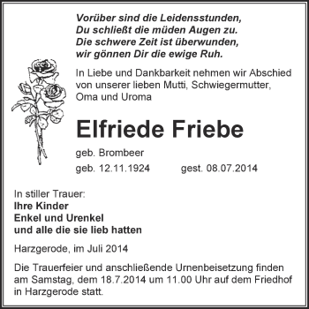 Traueranzeige von Elfriede Friebe von Super Sonntag Quedlinburg