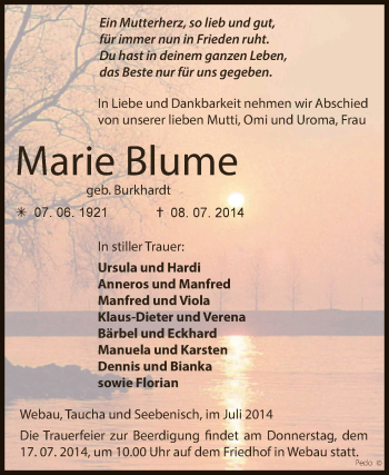 Traueranzeige von Marie Blume von Super Sonntag Zeitz