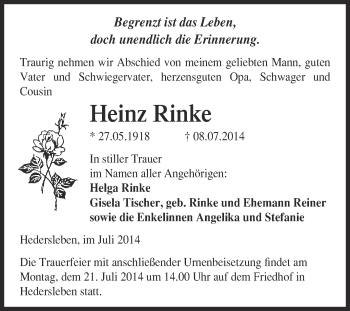 Traueranzeige von Heinz Rinke von WVG - Wochenspiegel Quedlinburg