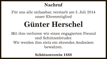 Traueranzeige von Günter Herschel von WVG - Wochenspiegel Aschersleben