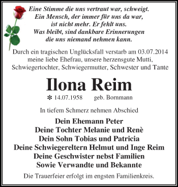 Traueranzeige von Ilona Reim von Super Sonntag Dessau / Köthen