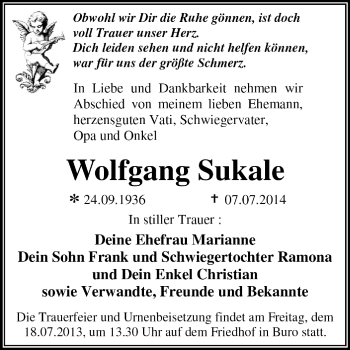 Traueranzeige von Wolfgang Sukale von Super Sonntag Dessau / Köthen