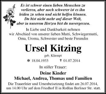 Traueranzeige von Ursel Kitzing von Super Sonntag Dessau / Köthen