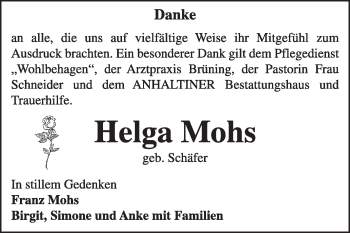 Traueranzeige von Helga Mohs von Super Sonntag Dessau / Köthen