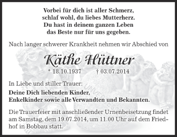 Traueranzeige von Käthe Hüttner von WVG - Wochenspiegel Bitterfeld