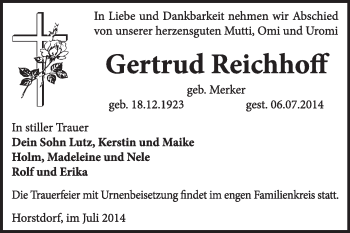 Traueranzeige von Gertrud Reichhoff von Super Sonntag Wittenberg