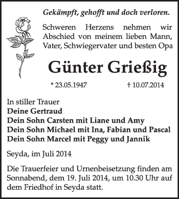 Traueranzeige von Günter Grießig von WVG - Wochenspiegel Wittenberg