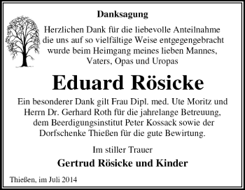 Traueranzeige von Eduard Rösicke von Super Sonntag Dessau / Köthen