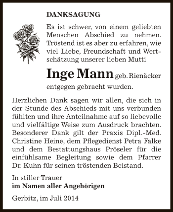 Traueranzeige von Inge Mann von Super Sonntag Bernburg
