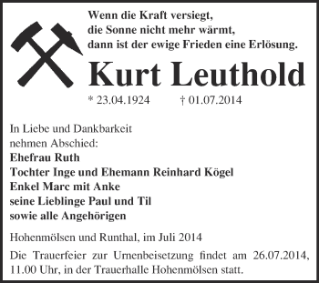 Traueranzeige von Kurt Leuthold von WVG - Wochenspiegel NMB / WSF / ZTZ