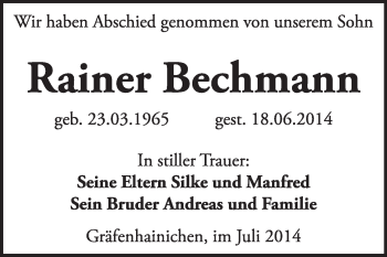 Traueranzeige von Rainer Bechmann von WVG - Wochenspiegel Wittenberg