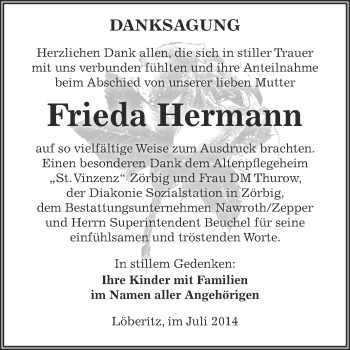 Traueranzeige von Frieda Hermann von WVG - Wochenspiegel Bitterfeld