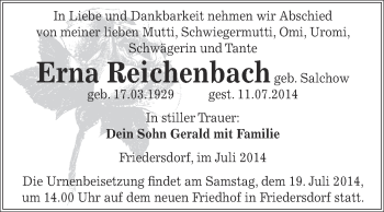 Traueranzeige von Erna Reichenbach von WVG - Wochenspiegel Bitterfeld