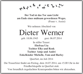 Traueranzeige von Dieter Werner von WVG - Wochenspiegel Merseburg