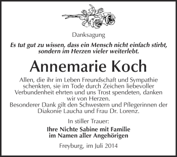 Traueranzeige von Annemarie Koch von WVG - Wochenspiegel NMB / WSF / ZTZ