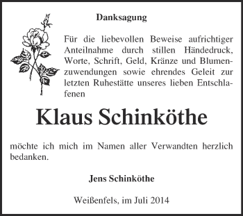 Traueranzeige von Klaus Schinköthe von WVG - Wochenspiegel NMB / WSF / ZTZ