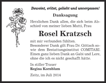 Traueranzeige von Rosel Kratzsch von Super Sonntag Zeitz