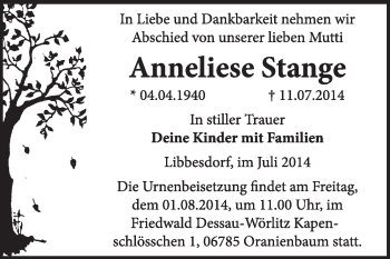 Traueranzeige von Anneliese Stange von Super Sonntag Dessau / Köthen