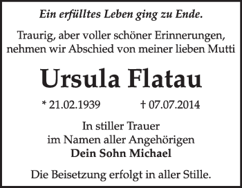 Traueranzeige von Ursula Flatau von Super Sonntag Dessau / Köthen