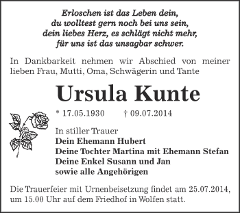 Traueranzeige von Ursula Kunte von WVG - Wochenspiegel Bitterfeld