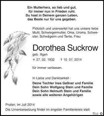 Traueranzeige von Dorothea Suckrow von WVG - Wochenspiegel NMB / WSF / ZTZ