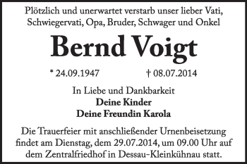 Traueranzeige von Bernd Voigt von Super Sonntag Dessau / Köthen