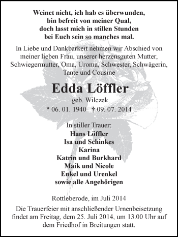 Traueranzeige von Edda Löffler von Super Sonntag SGH Mansf. Land