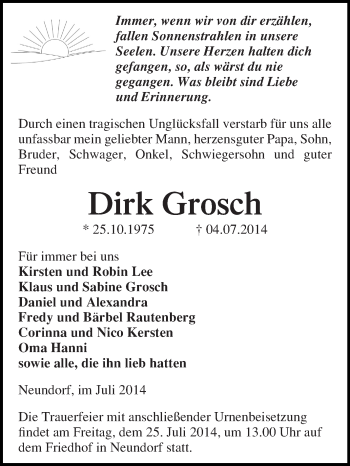 Traueranzeige von Dirk Grosch von WVG - Wochenspiegel Quedlinburg